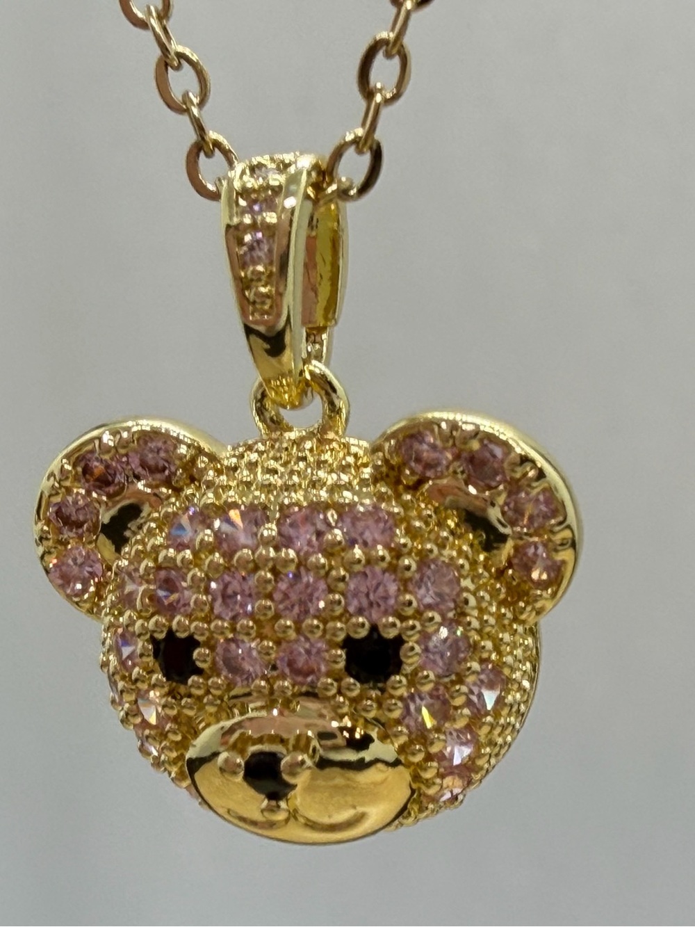 Gold Teddy Bear Pendant Necklace with Pink Crystals